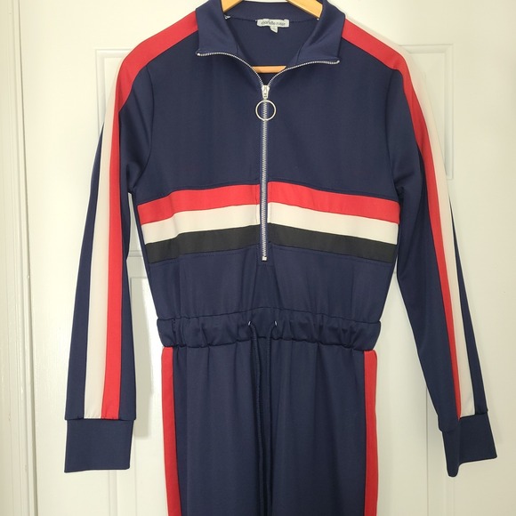 Charlotte Russe Women's Navy Track Jumpsuit Small Zip Front Long Sleeve Striped - Picture 2 of 9